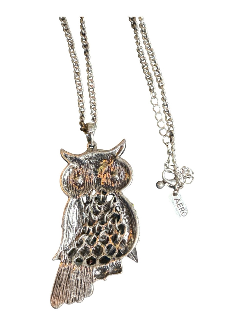 Aeropostale 1987 Collection Rhinestone Owl Pendant Necklace Silver Tone 31” EUC - Picture 3 of 8